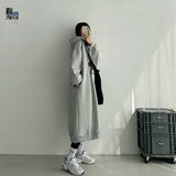 Autumn Winter New Fleece Long Dress Women's Solid Printed Hooded Lace Up Screw Thread Korean Casual Simple Loose Dresses