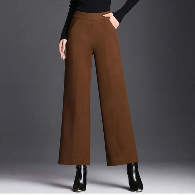 Women Autumn Winter Woolen Oversize Pants Elastic Band High Waist Solid Vintage Loose Casual Fashion Female Straight Trousers