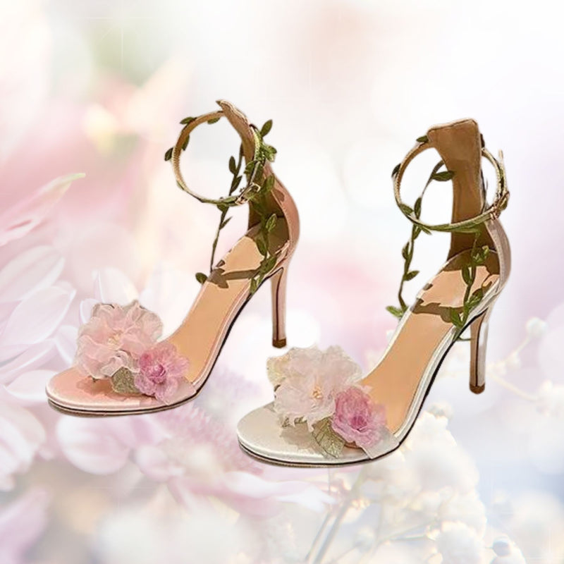 Women Pink Chiffon Flower High Heels Sandals One Word Rattan Strappy Sandals White Pink Ankle Strap Women's Wedding Shoes