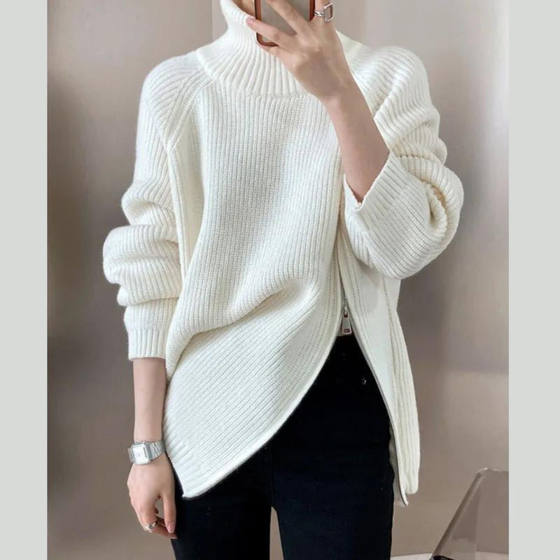 [EAM] Zipper Slit Big Size Knitting Sweater Turtleneck Long Sleeve Women Pullovers New Fashion Tide Autumn Winter 2024 1DF3058