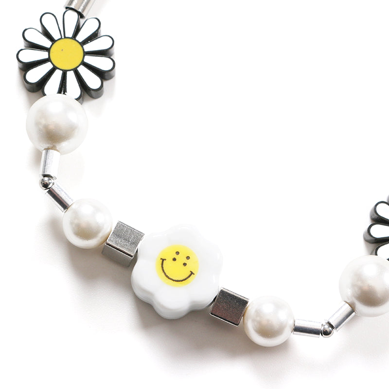 Hip Hop Metal Smiley Sunflower Pearl Necklace