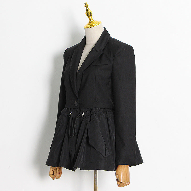 Design Sense Coat One Button Stitching Small Hem Drawstring Short Black Female Suit