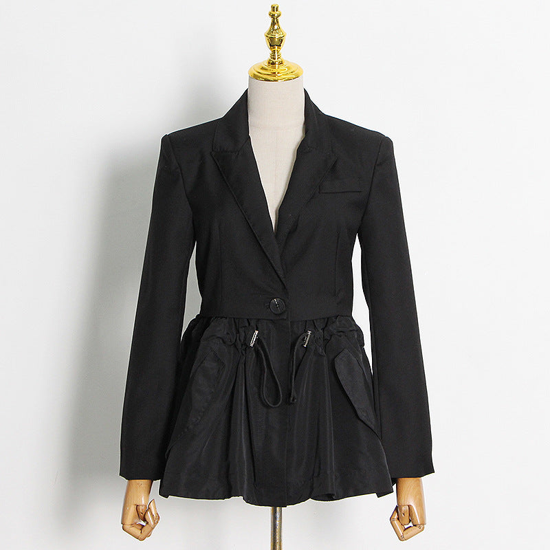 Design Sense Coat One Button Stitching Small Hem Drawstring Short Black Female Suit