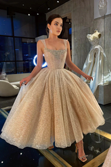 Elegant Champagne Sleeveless Scoop Beaded Sparkly Tea-Length Sequined Ball Gown