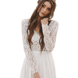 Chiffon Beach Wedding Dress Long Sleeve V-neck Backless Lace Skirt