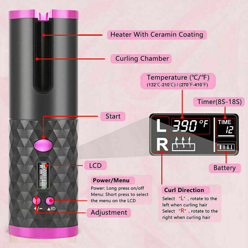 Electric LCD Display Automatic Rotating Cordless Hair Curler Fast Curling Iron Tongs