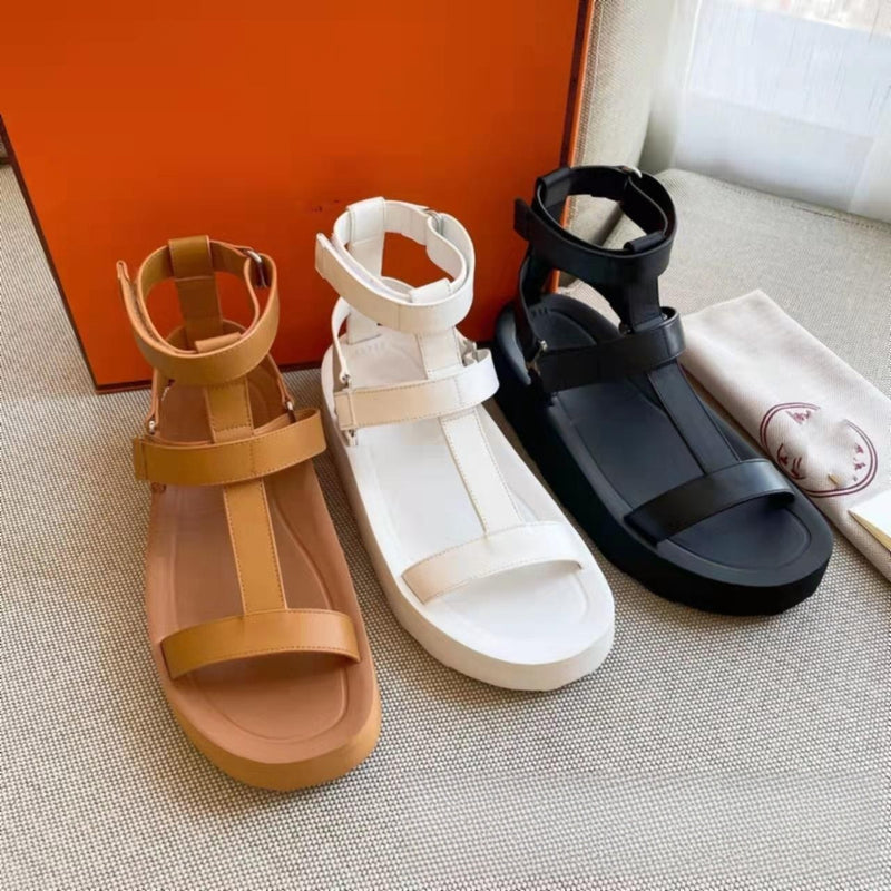 Leather Velcro Platform Open Toe Roman Style Sandals All-matching Fashion Casual Beach Shoes