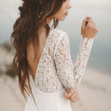 Chiffon Beach Wedding Dress Long Sleeve V-neck Backless Lace Skirt