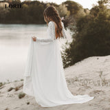 Chiffon Beach Wedding Dress Long Sleeve V-neck Backless Lace Skirt