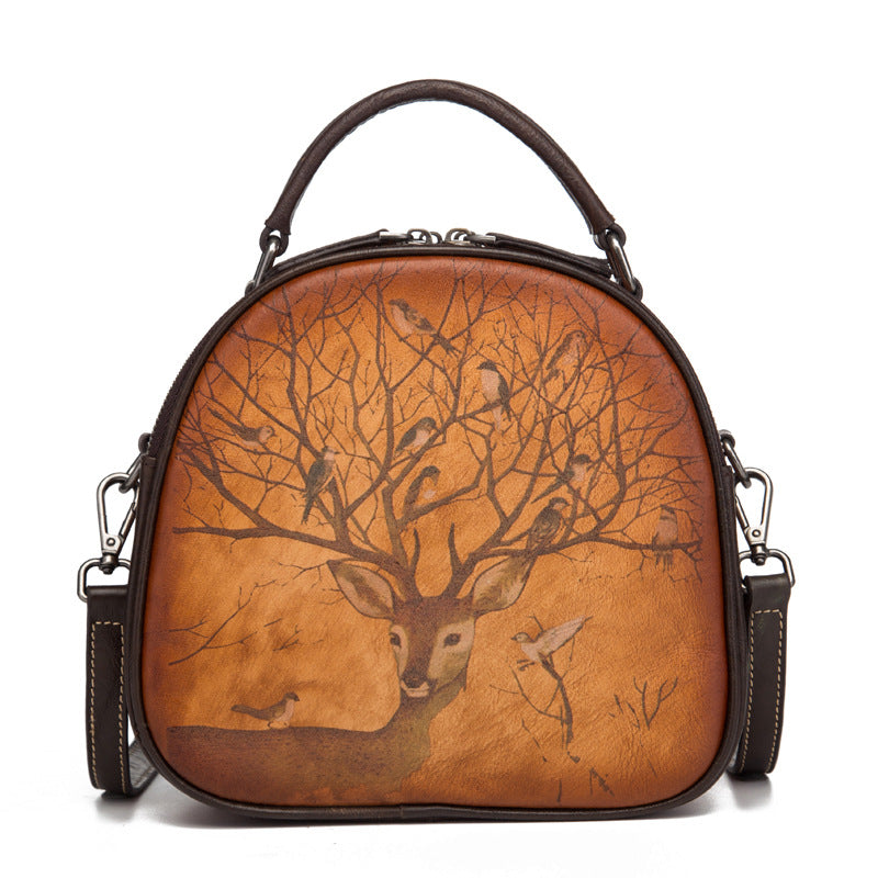 Retro Deer And Bird Hand-painted Leather Shoulder Bag