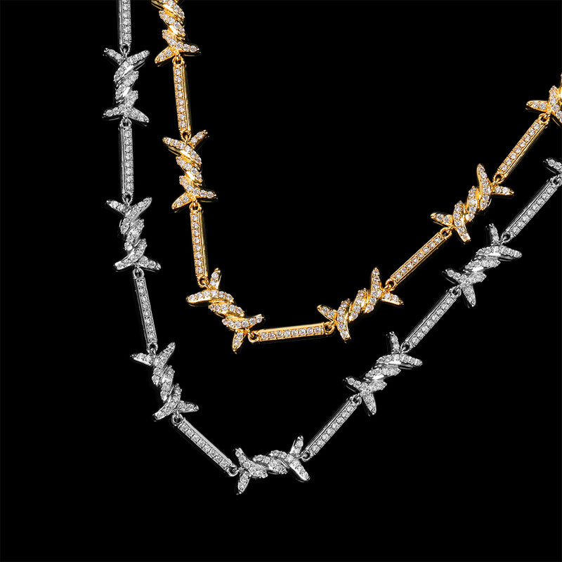 2.5mm Wire Chain Hip Hop Necklace Micro Inlaid Sun Word Buckle Thorns