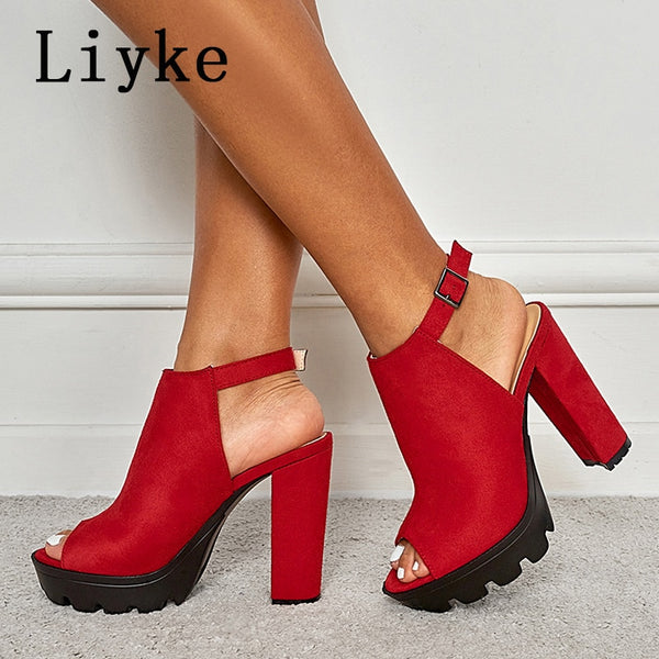 Women Chunky Platform Sandals Summer Flock Thick High Heels