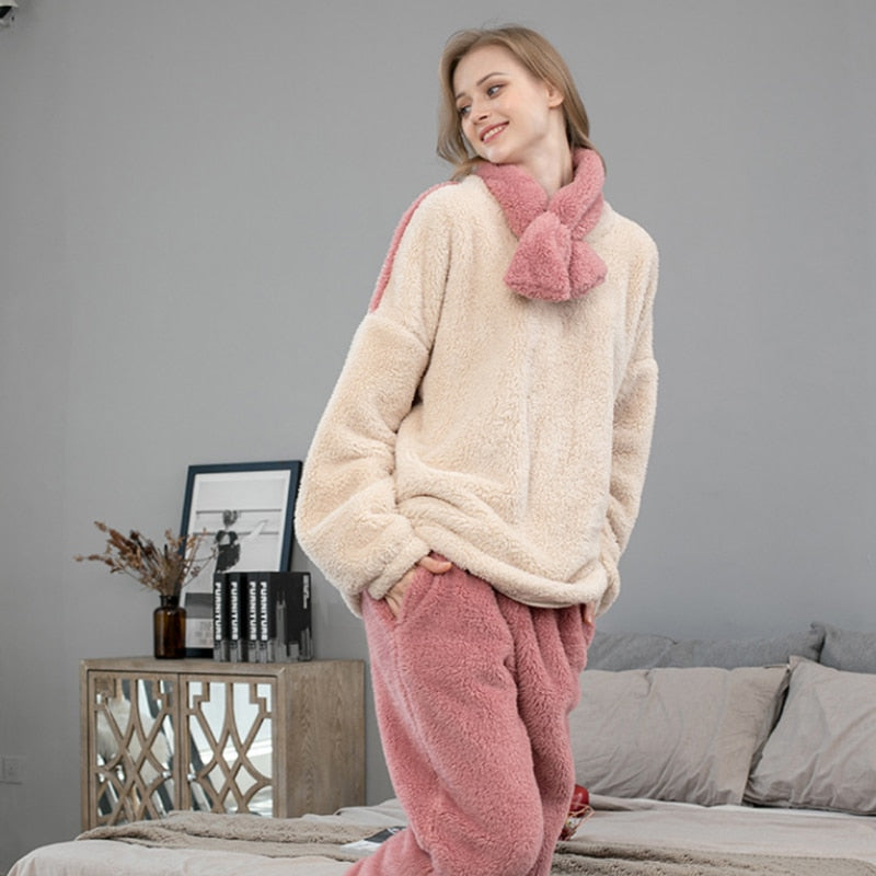 Fleece Pajama Set Women Solid Long Sleeve