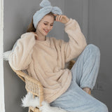 Fleece Pajama Set Women Solid Long Sleeve