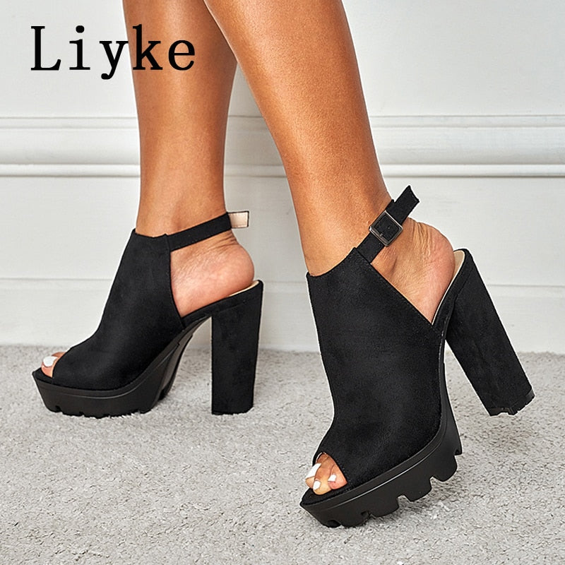 Women Chunky Platform Sandals Summer Flock Thick High Heels