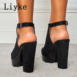 Women Chunky Platform Sandals Summer Flock Thick High Heels