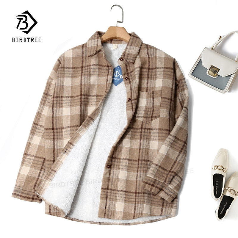 Thick Velvet Plaid Shirts Women Winter Warm Blouses and Tops New Casual Woollen Shirt