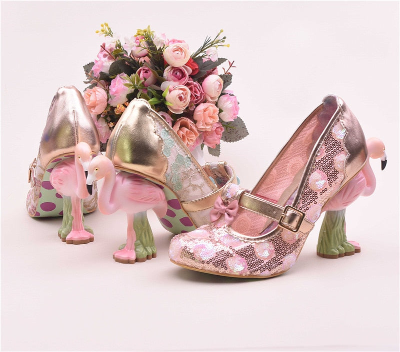 Flamingo High Heel Pumps Women Pink Wedding Shoes Bridal Round Toe