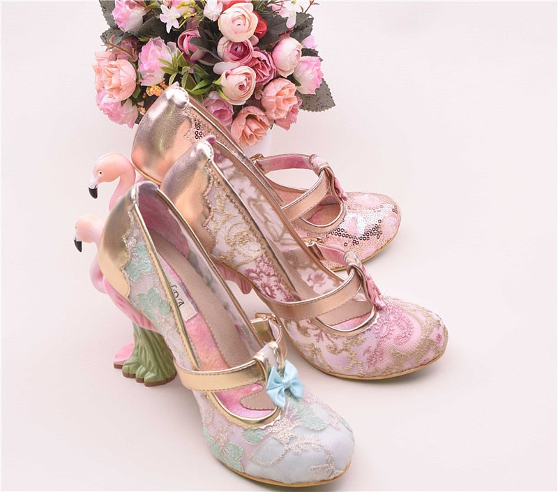 Flamingo High Heel Pumps Women Pink Wedding Shoes Bridal Round Toe