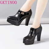 GKTINOO Block Heel Deep Mouth Platform Pumps Leather Women Shoes 2023