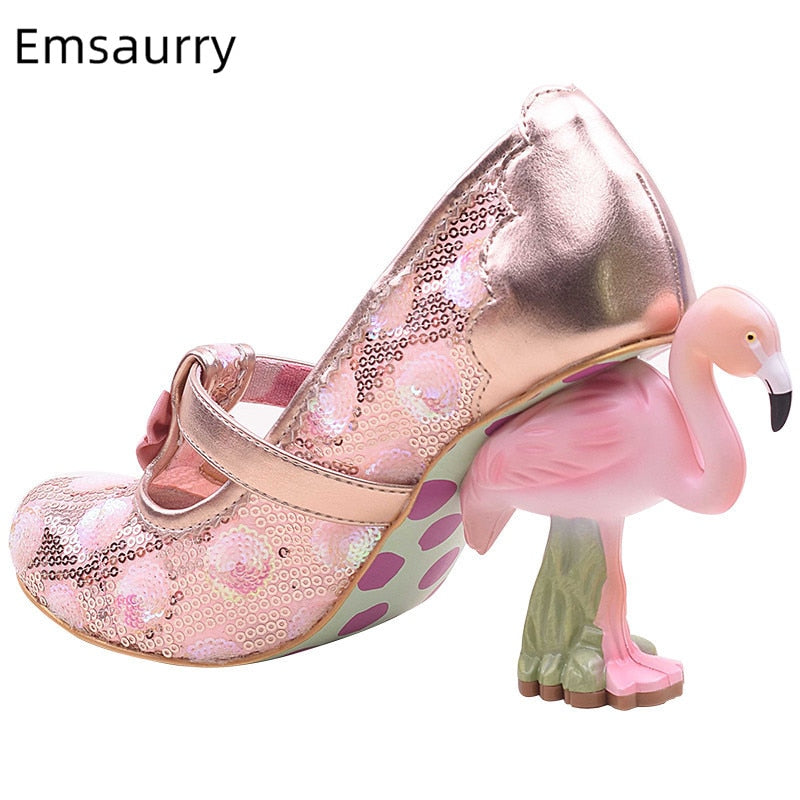 Flamingo High Heel Pumps Women Pink Wedding Shoes Bridal Round Toe