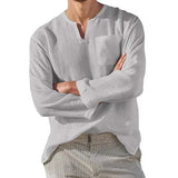 Hot Selling Men's Long Sleeve V-neck Casual Beach Linen Shirt For Men