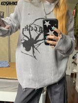 Spider Print Harajuku Thick Sweater Women Gothic Vintage Ripped Grunge Y2k Jumper Streetwear