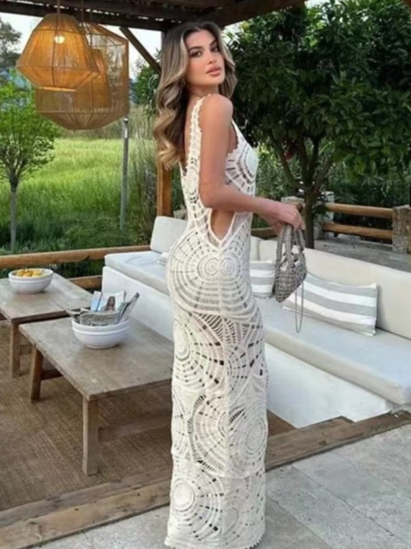 Solid Knitted Hollow Out Crochet Long Dresses Elegant V-neck Sleeveless Backless Vestidos Women Party Beach Vacation Clothes