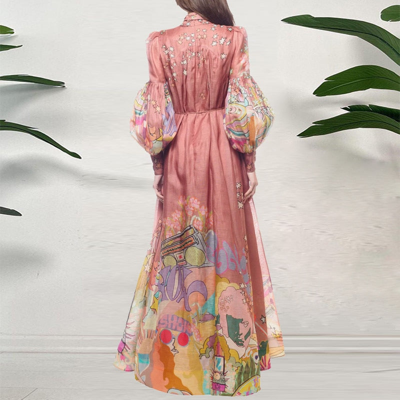 Spring Fashion Floral Print Boho Maxi Dress Women Elegant Bow Collar Loose Long Dress