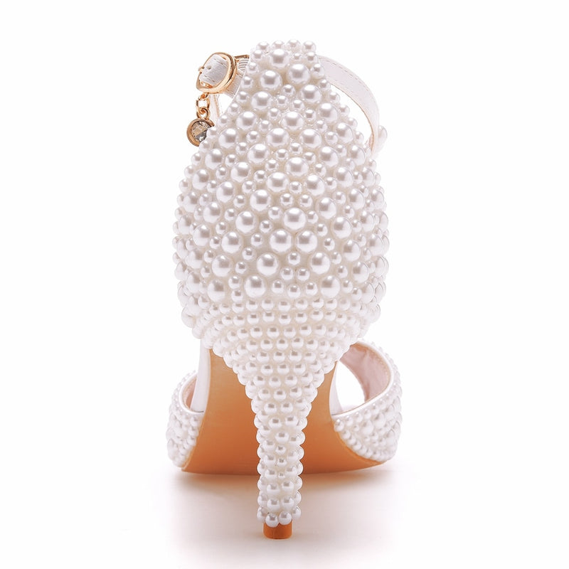 Crystal Queen White Pearl Sandals Open Toe High Heels Luxury Banquet Dress Stiletto