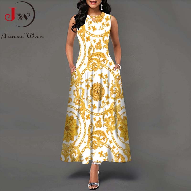 Summer Boho Long Dresses Women Elegant Sleeveless Casual Floral Print Beach Party Maxi Dress