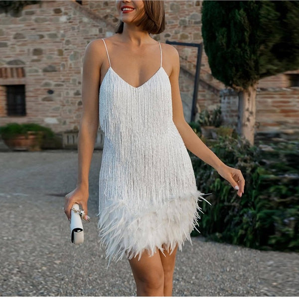 2023 New Sexy Tassel Sequins Feather Mini Dress