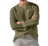 Hot Selling Men's Long Sleeve V-neck Casual Beach Linen Shirt For Men