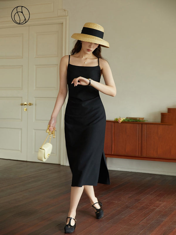 DUSHU Women Long Black Slip Dress Slit Design Elegant Square Neck Slip Dress