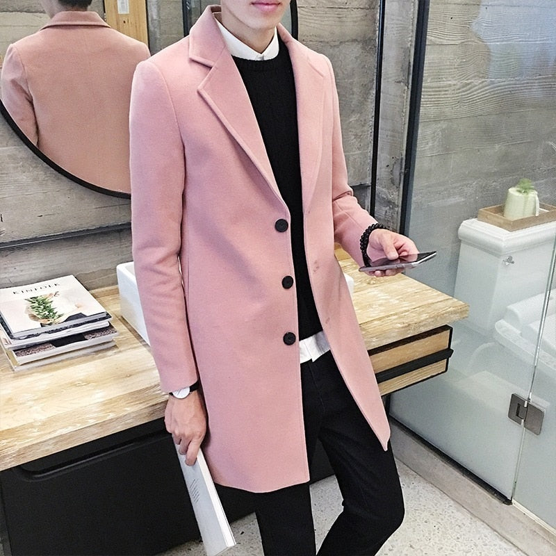 Men Long Cotton Coat New Wool Blend Pure Color Casual Business