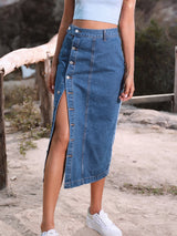 Button A-line Side Split High Waist Denim Skirt Office