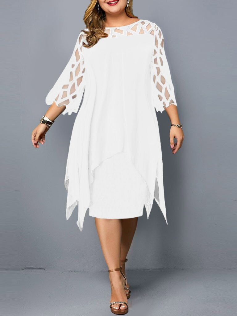 2023 Midi Party Dress for Plus-sized WomenClassic O-neckline and Elegant Lace Sleeves