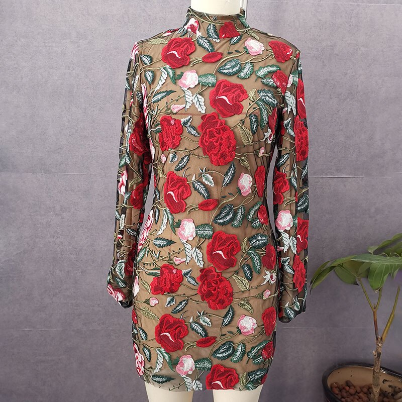 Floral Embroidery Elegant Luxury Women Mini Dress Half High Collar