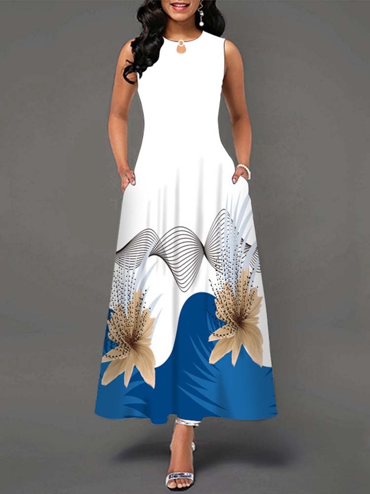 Summer Boho Long Dresses Women Elegant Sleeveless Casual Floral Print Beach Party Maxi Dress