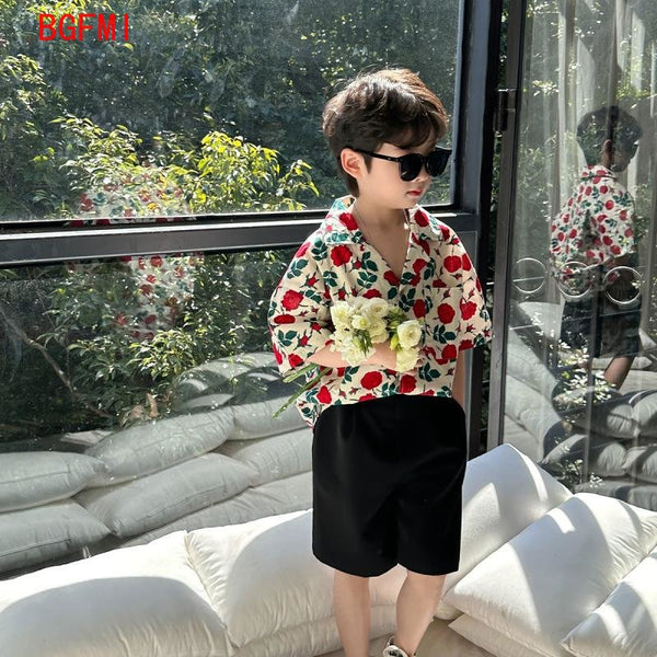 2-9T Kids Boys Clothes Floral Pattern Boy Cotton Blouse Shirt + Short 2pc Set Outfits