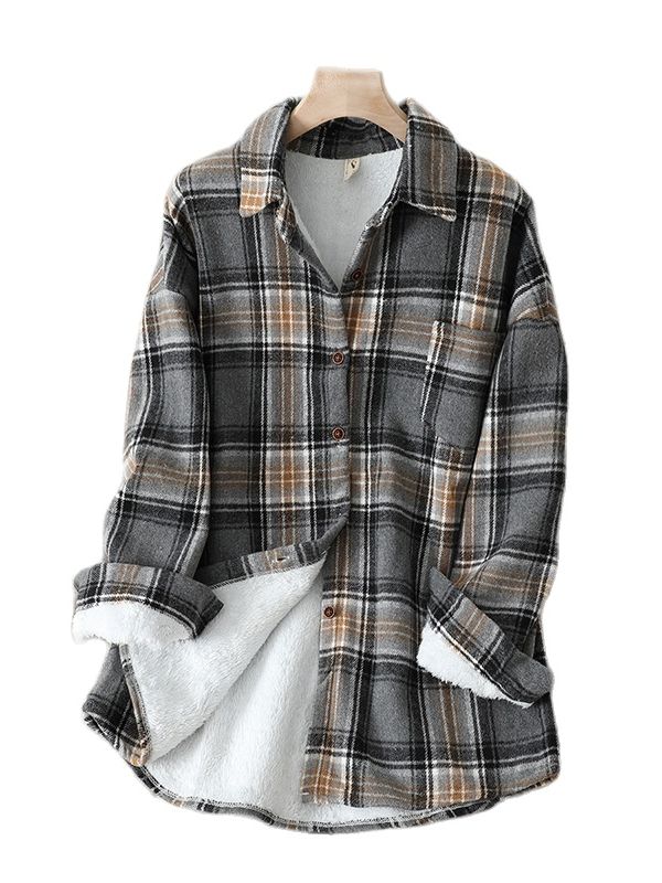 Thick Velvet Plaid Shirts Women Winter Warm Blouses and Tops New Casual Woollen Shirt