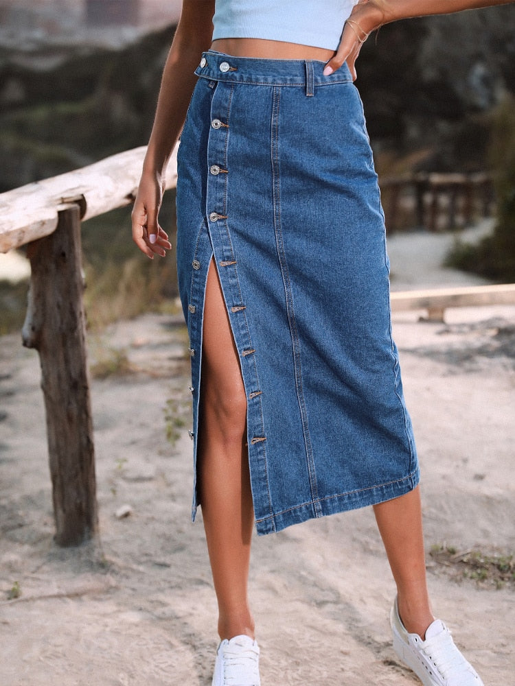 Button A-line Side Split High Waist Denim Skirt Office