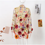 Floral Embroidery Elegant Luxury Women Mini Dress Half High Collar