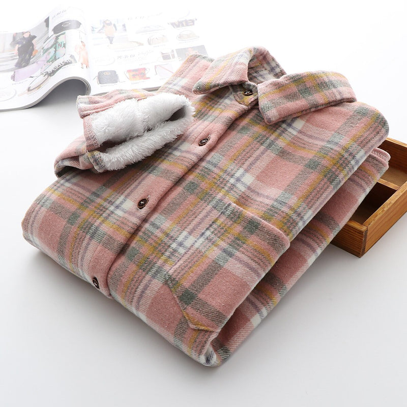 Thick Velvet Plaid Shirts Women Winter Warm Blouses and Tops New Casual Woollen Shirt