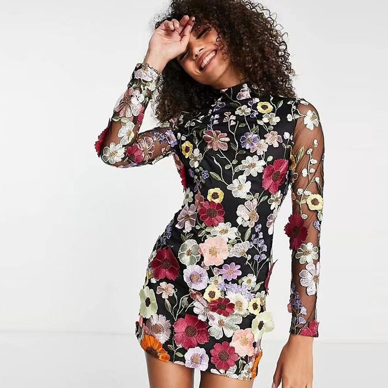 Floral Embroidery Elegant Luxury Women Mini Dress Half High Collar