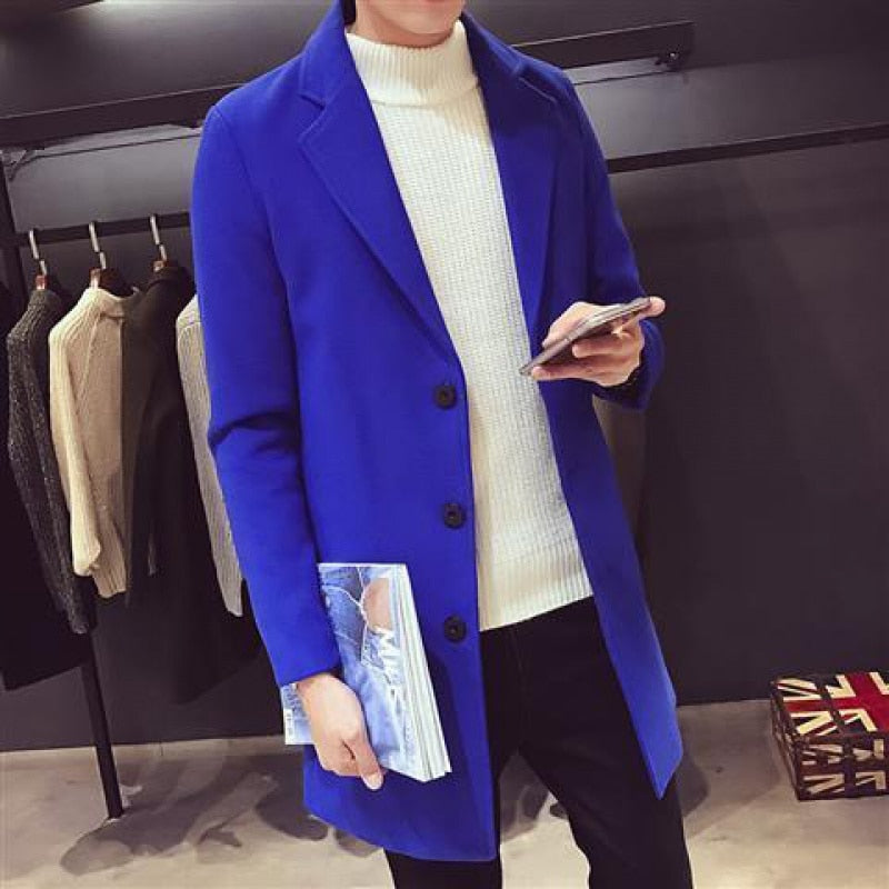 Men Long Cotton Coat New Wool Blend Pure Color Casual Business