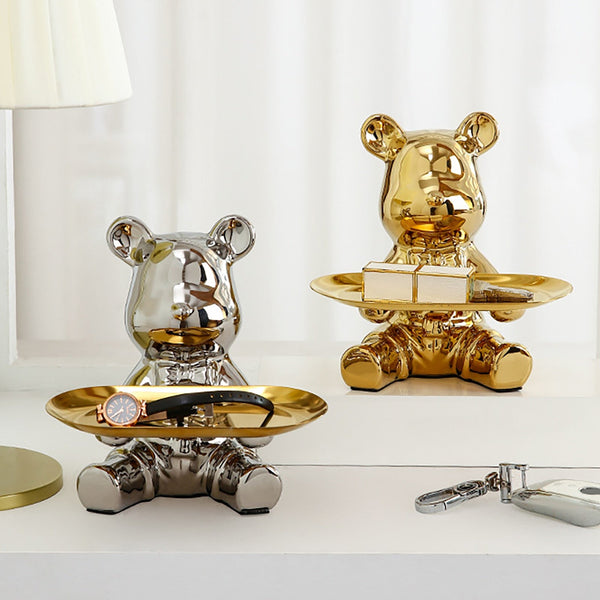 Exquisite Ceramic Bear With Metal Tray