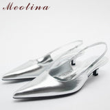 Meotina Women Genuine Leather Slingbacks Pointed Toe Block Mid Heels