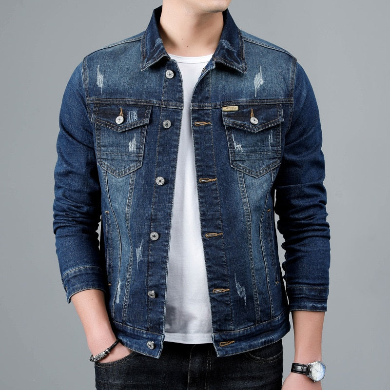 Jacket Men's Casual Cotton Black Denim Jaqueta Jeans Masculina  Slim Washed Retro