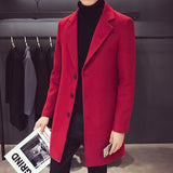 Men Long Cotton Coat New Wool Blend Pure Color Casual Business